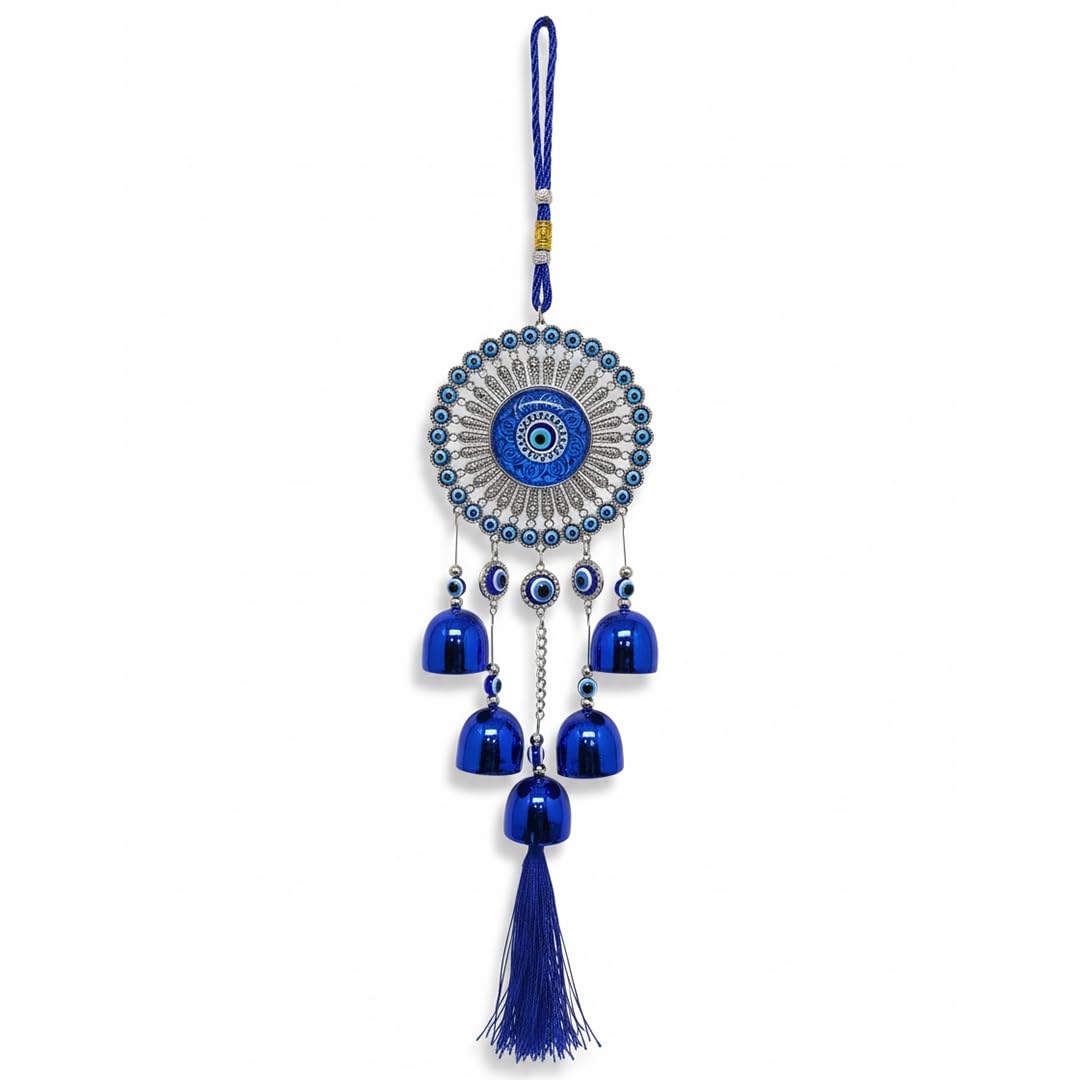 Shoppersduniya Evil Eye Hanging Nazar Battu for Car Rear View Mirror | Blue Mandala Evil Eye Charm with Bells | Nazar Suraksha for Protection, Prosperity & Positive Energy