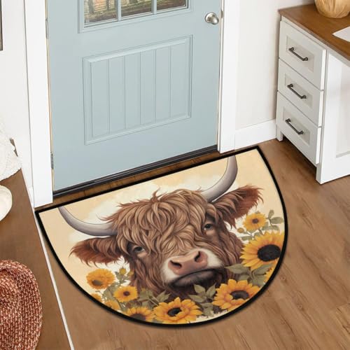 Image of Half Round Door Mat Animal Highland Cow Sunflower Non-Slip Semi Circle Area Rug Washable Half Moon Hearth Rugs for Indoor Outdoor Bathroom Kitchen Patio Runner Mat Laundry Room Home Decoration