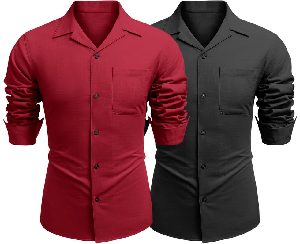 Image of Combo of Men's Casual Cotton Blend Shirt || Long Sleeve Button Down with Spread Collar | Lightweight Breathable Fabric | Stylish Solid Shirt for Beach, Office & Everyday Wear Pack of 2
