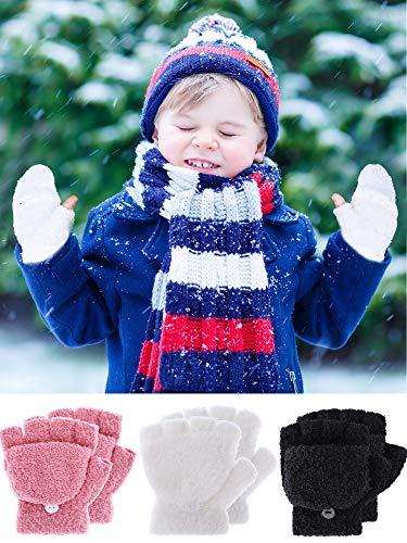 EBOOT Kids Gloves Full Fingers Knitted Gloves Warm Mitten Winter Favor for Little Boys and Girls(Color Set 10, 4-12 Years Size, 3 Pairs2