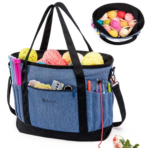 Image of MYBAGZING Canvas Yarn Storage Organizer Bag Washable Crochet Bag with Pockets for Yarn, Hooks, Needles - Travel Knitting Tote for Crafters - Gift for Crocheters & Knitters (Medium /Large)