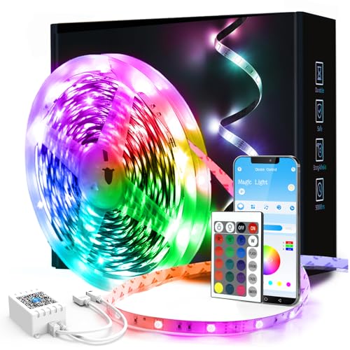 phopollo 20m Led Strip Light for Bedroom, Remote and App Control Bluetooth Connect Music Sync RGB Lights for Room Plug in Self Adhesive (20Mx1)