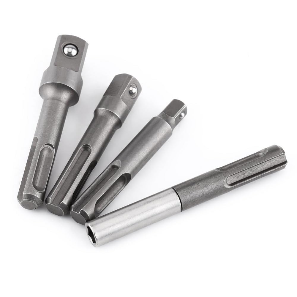 4Pcs Drill Socket Adapter Set SDS Plus Socket Adaptor 1/4" Hex Socket Adaptor 1/4" 3/8" 1/2" Square Socket Extension Drill Bit Adapter