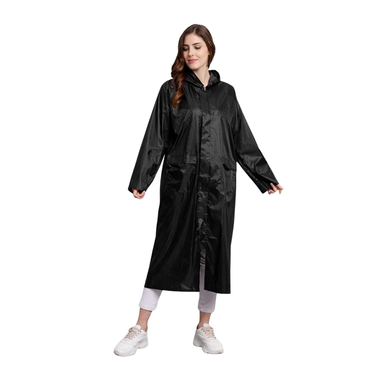 Women's 100% Waterproof Full Length Raincoat with Adjustable Hood, Side Pockets, Lightweight Polyester Rain Coat for Travel, Bike Riding, Office & Outdoor Wear (Black, Free Size)-image-17
