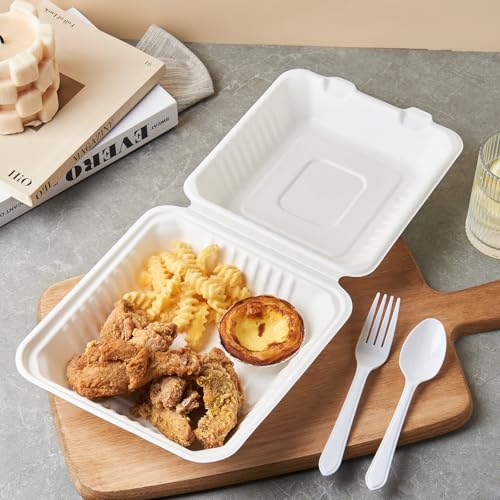 Jaluxing [8X8 1-Compartment 75-Pack Bio Natural Clamshell Take Out Food Containers with Lids, Disposable Bagasse Togo Trays, Eco-Friendly Biodegradable Made of Sugar Cane Fibers by Jaluxing - Used condition - Image 5