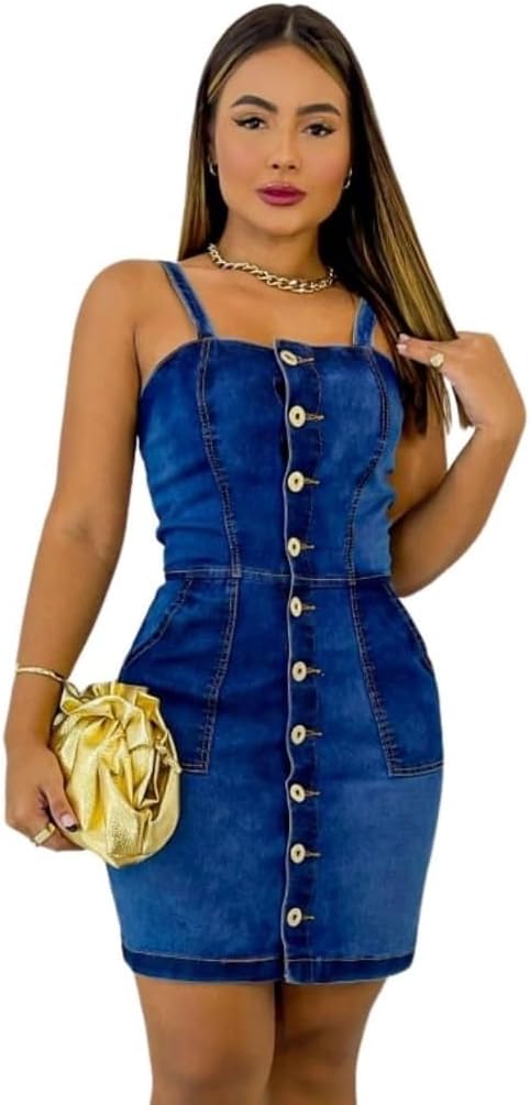 Vestido Jeans Feminino Curto Alça Fina Lycra Zíper Frontal Fenda Lateral Casual