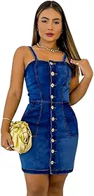 Vestido Jeans Feminino Curto Alça Fina Lycra Zíper Frontal Fenda Lateral Casual