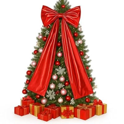 Halloscume 43 x 15 Inch Large Christmas Tree Topper Red Metallic Foil Fabric Bows Large Metal Foil Fabric Red Bow Giant Christmas Tree Topper for Xmas Home Wreath Wall Holiday Wedding Party Decor