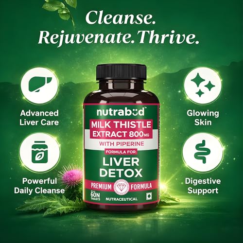Image of Nutrabud Milk Thistle Tablets With 800mg of 80% Silymarin - 60 Tablets - Liver Detox Supplement For Men And Women For Healthy Liver (60 Count (Pack of 1), Unflavoured)