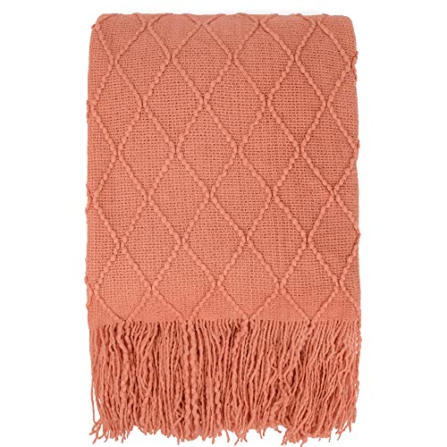 Pavilia Knitted Throw Blanket Fringe Coral Orange Peach Salmon | Decorative Tassel Boho Farmhouse Decor Couch Bed Sofa Fall Outdoor | Woven Modern Textured Afghan Soft Lightweight Cozy Acrylic 50X60 #TOP2