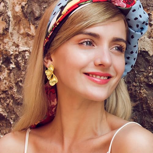 Womens Floral Gold Studs Earrings - 14K Gold Plated Earring,Personality Summer Big Flower Stud,Hypoallergenic Statement Chunky Ear Rings Aretes Trendy Jewelry,Christmas Birthday Prom Gifts for Her2