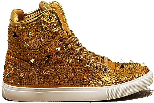 Image of Enzo Romeo Men's High Top Crystal Shimmer Rhinestone Blink Flat Spike Fashion Sneakers Shoes BUL2
