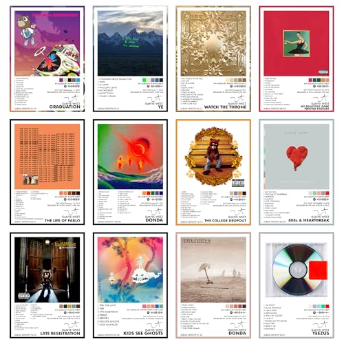 Image of Thepaper9store Pack of 12 - Kanye West Music Album Art Wall Posters 8.2x11.8 inch Adhesive Tape Attached Wall Decor, Music Poster, Wall Art For Bedroom, Living room, Office (Kanye West)