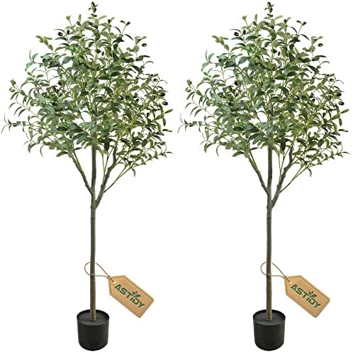 ASTIDY Artificial Olive Tree - 5FT Tall Fake Olive Tree Potted - Faux Olive Silk Tree Set of 2 - Artificial Tree for Home Office Living Room Floor Decor Indoor, 2 Pack