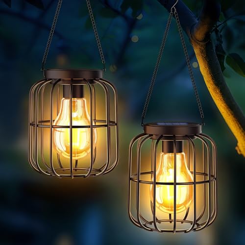 Solarlampen für Außen Hängend, 2 Stück IP65 Wasserdicht Metall Solarlampen für Außen Balkon Deko, Warmweiß Solar Laterne für Garten Terrasse Rasen Hof