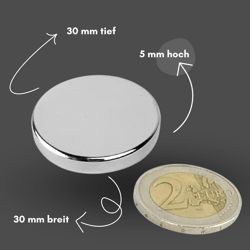 Strong Magnets Neodym Magnet - Rund 30 x 5 mm - 50 Stück - Extra stark, hält bis 11kg - Für Magnettafel, Kühlschrank, Whiteboard, Pinnwand, Büro
