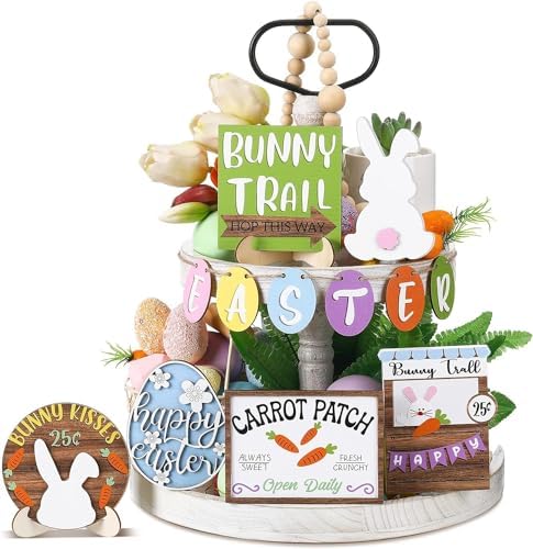 YIQXKOUY 12 Pcs Easter Bunny Tiered Tray Decor Happy Easter Wood Signs Carrot Egg Bunny Wood Signs Decor for Easter Day Spring Farmhouse Office Home Kitchen Table Decoration