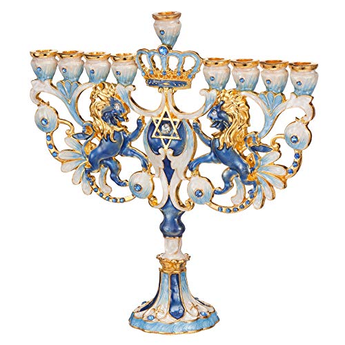 Matashi-Hand-Painted-Spinning-Dreidel-Holiday-Ornament-Blue-Ivory-Regal-Lion-Menorah-Candelabra-Pewter-with-Gold-Accents-and-Crystals-Jewish-Candle-Holder-Hanukkah-Gift-Jewish-Decor Matashi Hand Painted Spinning Dreidel Holiday Ornament Blue Ivory Regal Lion Menorah Candelabra Pewter with Gold Accents and Crystals Jewish Candle Holder Hanukkah Gift Jewish Decor