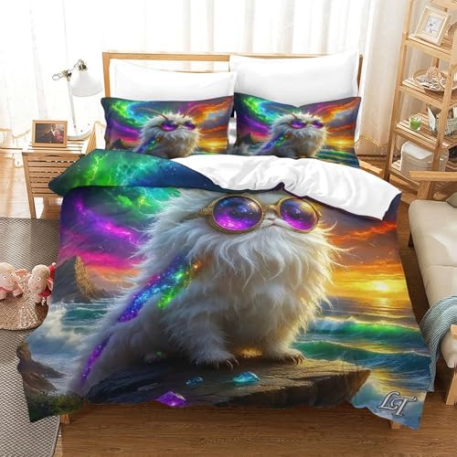 Chat blanc ensemble de lit 3D King 220x240cm en microfibre avec taie d'oreiller