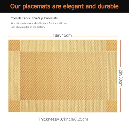 Image of Placemats Set of 6 Dining Table Place Mats | Placemats Table Mat PVC Material | Non-Slip Heat Resistant | Dining Tablemates Washable Anti-Skid | Size 45 x 30cm (Square Gold)
