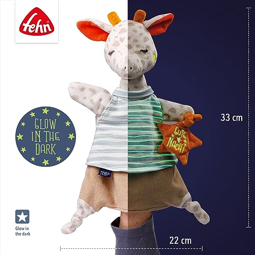 Fehn Schmusetuch Baby Spielzeug Giraffe - Schnuffeltuch für Neugeborene - Einschlafhilfe mit „Glow-in-the-dark“ - Kuscheltier Handpuppe - Kuscheltuch Schlaftier für Babys und Kleinkinder ab 0+ Monaten
