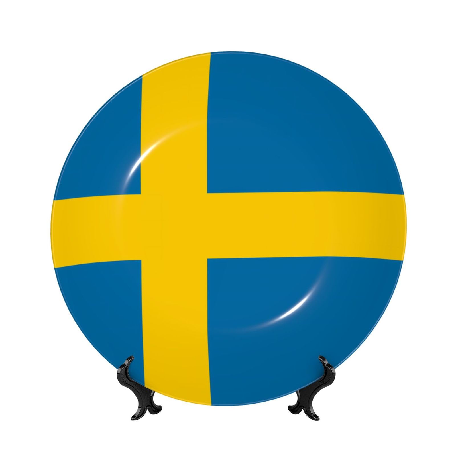 SXZVVBN Swedish flag Bone China Decorative Plate Art with Stand Removable Adhesive Hanging for Home Office 6in（15cm）