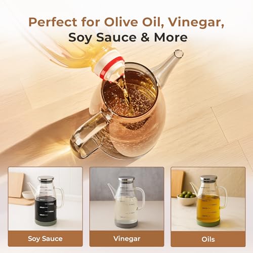 Image of HomeEssentials Glass Oil Dispenser Bottle with Measurement Markings | Auto Flip Lid Cruet with Non-Slip Handle | Leakproof & Drip-Free Oil and Vinegar Pourer for Kitchen Cooking