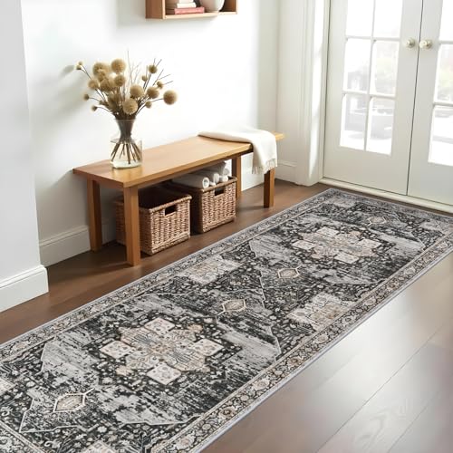 RUUGME Hallway 3x10 Runner Rug - Washable Rugs with Non Slip Backing Ultra Thin Stain Resistant Carpet for Kitchen Living Room Bedroom Vintage Tribal Rugs for Floor Decoration Mat 3x10 Black