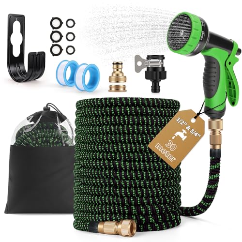 Tuyau d'Arrosage Extensible 30m, 10 Modes d'Arrosage, Tuyau Jardin Flexible Retractable avec Raccords en Laiton, pour Irrigation, Nettoyage du Jardin,Laver de...