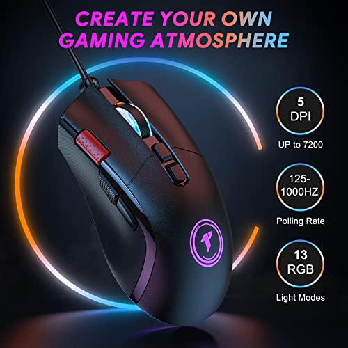 Tecurs Wired Gaming Mouse, Rgb Backlit Ergonomic Mouse With 8 Programmable Buttons Up To 7200 Dpi For Laptop/Windows Pc/Mac, Usb Mouse Gamer Mouse Black #TOP2