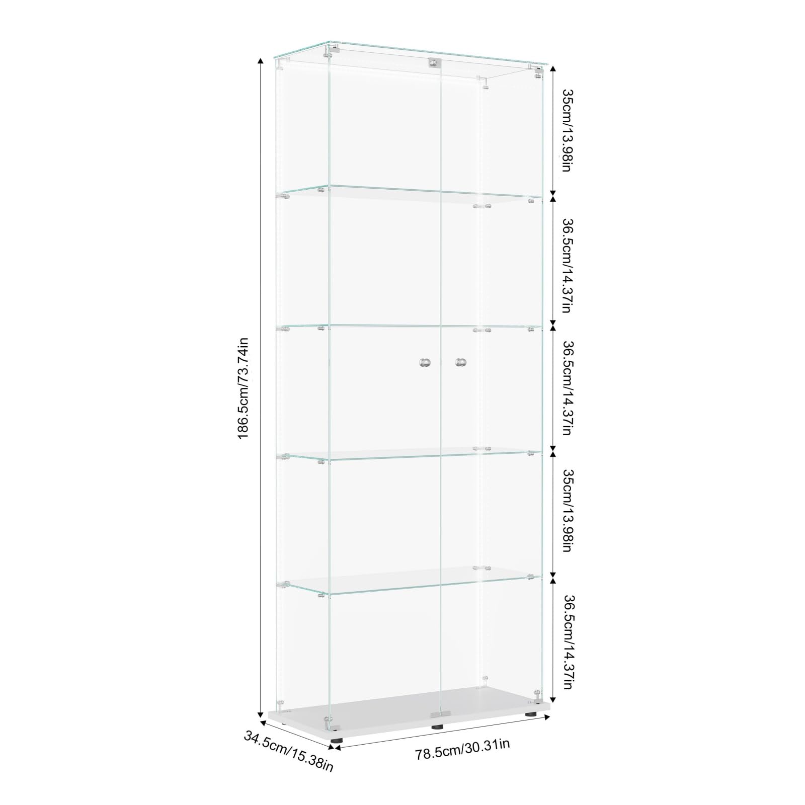 BestAlice Vetrina in vetro, armadietto da collezione con striscia luminosa a LED e lucchetto, armadietto con 2 ante, 5 ripiani, cassetta di presentazione, mobili trasparenti, per soggiorno, bar