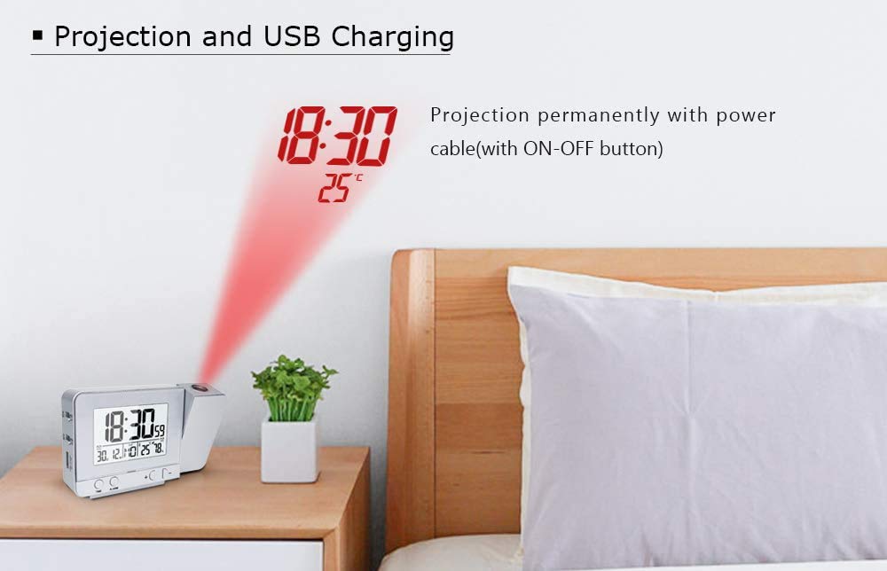 Reloj con Proyector con Doble Alarmas, Reloj Digital con Carga USB, Función Snooze, Humedad y Temperatura Interior, 12/24 Horas, Fecha