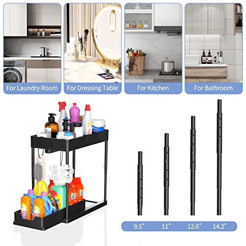 2 Pack Under Sink Organizers And Storage, 2 Tier Black Bathroom Cabinet Organizer With 4-Height Adjustable Telescopic Tube, 4 Removable Dividers, 4 Hooks, 1 Cup, Bathroom Under Sink Organizer For Home #TOP1