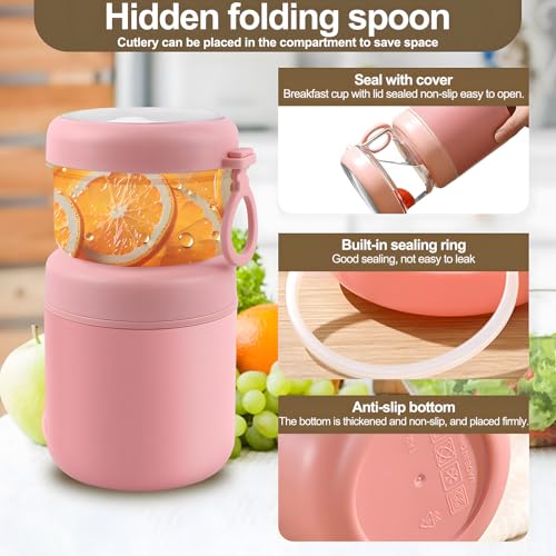 Miniatura 4 de Veftsvy Taza De Cereales Y Yogurt Para Llevar De Doble Capa Con Cuchara, 530 Ml 330 Ml Termo De Acero Inoxidable, Taza De Cereales Portátil A Prueba De Fugas, Para La Escuela, Oficina, Viajes, Rosa