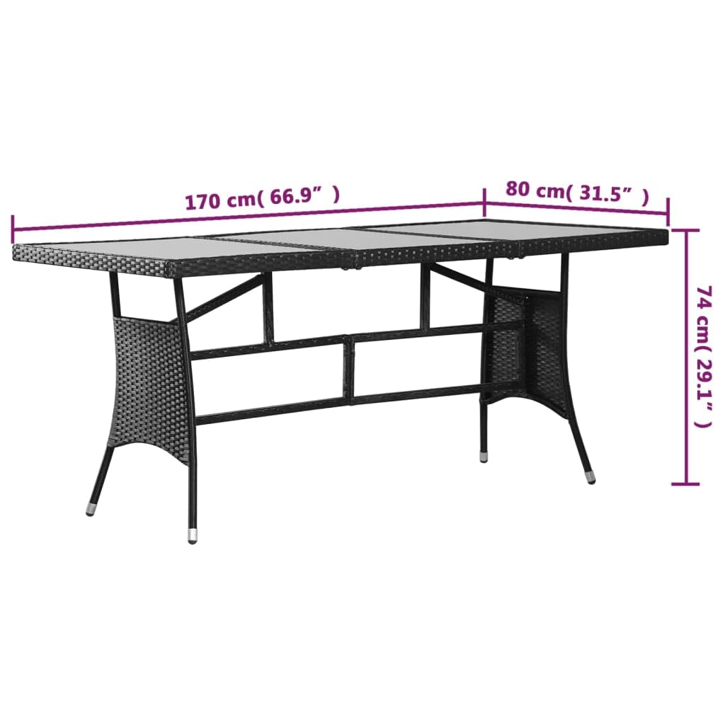 Tavolo da giardino nero, 170 x 80 x 74 cm, in polyrattan, con piano in vetro, resistente alle intemperie, stabile, per esterni, balcone, terrazza