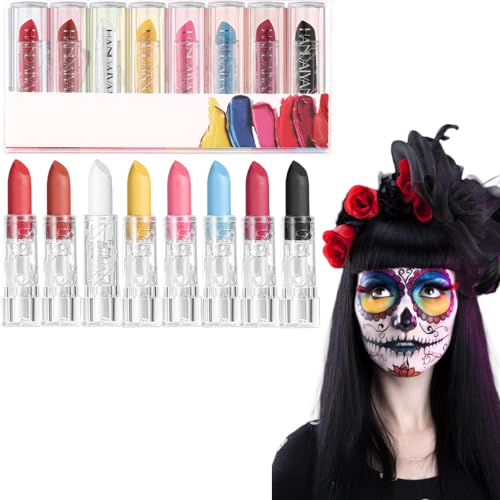 BOOSHMall Maquillaje Halloween, 8 Pintalabios Mate, Larga Duración Barra de Labios, Impermeable, Pinturas cara Carnaval Corporales para Teatral Fiesta Cosplay