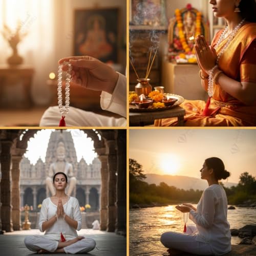 Image of Arihant Gems and Jewels 108+1 Beads Sphatik Jaap Mala for Pooja | Natural & Certified | Astrological Gemstone | Positive Effect | Unisex Both for Men & Women