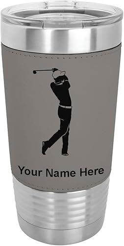LaserGram Vaso aislado al vacío de 20 onzas golf de golfista grabado personalizado incluido piel sintética gris