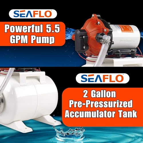 SEAFLO Marine Water Pump 12 V DC 60 PSI 5.5 GPM 2 Gallon Accumulator Tank System | Accumulator Pressure Boost System for Smooth and Quiet Operation | 4-Year Warranty