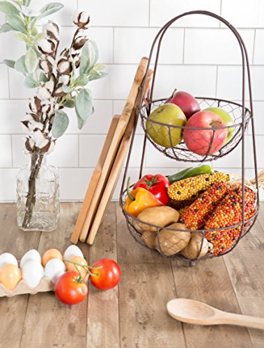 DII Z01364 Vintage Metal Chicken Wire 2 Tier Fruit and Vegetable Standing Storage Basket for Kitchen and Pantry, Rustic