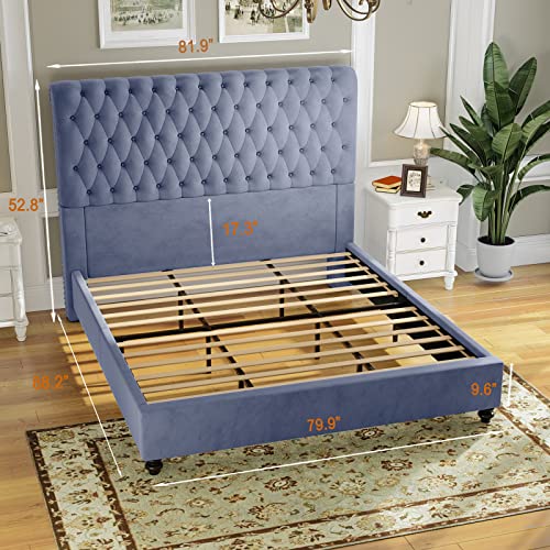 Jocisland King Bed Frame Upholstered Bed Sleigh Headboard Velvet Tufted Diamond Button/No Box Spring Needed/Easy Assembly/Silver Gray #TOP4