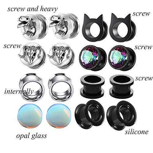 8 Pairs CZ Gems Ear Tunnels Plugs Gauges Stainless Steel Tyrannosaurus Expander Stretcher Piercings Opal Glass Silicone Black Dinosaur2