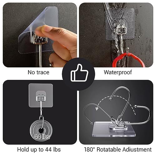LGDNNYYY Large Adhesive Hooks, 18-Pack Hold 44lb(Max) Heavy Duty Sticky Hooks,Waterproof & Rustproof Wall Hooks for Hanging Can be Use Kitchen Bathroom Outdoor Ceiling Office, Transparent - Thumbnail 4