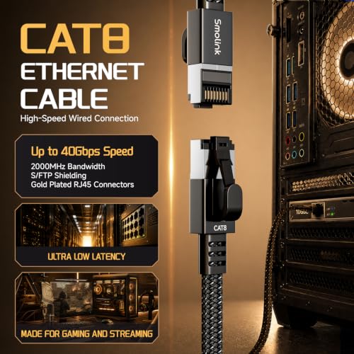 Image of Smolink Cat 8 Ethernet Cable 6 ft, 40Gbps 2000Mhz High Speed Ethernet Cable, Shielded Heavy Duty SFTP RJ45 LAN Cable Patch Cord for Modem Router Gaming PC PS4 /5 /6 Xbox, Black