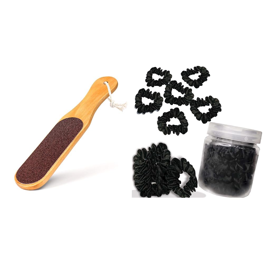 Temperia Double Sided Foot File Scrubber | Pedicure Tool with Wooden Handle (6 pcs) Silk Satin Scrunchies For Women & Girls with Box – Stylish Luxury Ponytail Rubber Band Ties for Hair – Black (MN03)