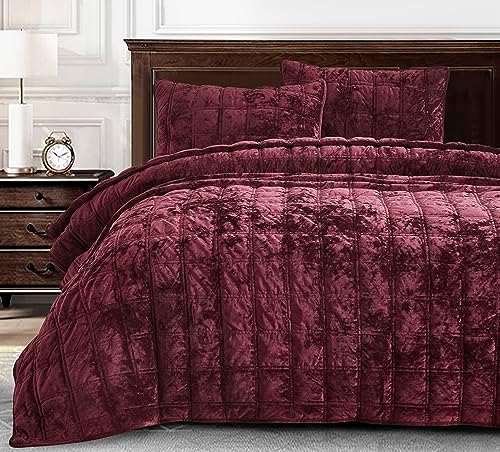 Chezmoi Collection Piers Burgundy Velvet Quilt King Set, 3-Piece ...