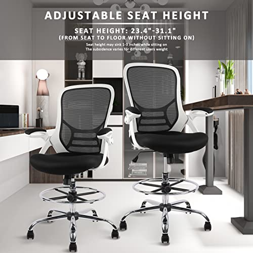 Image of HYLONE Drafting Chair, Tall Office Chair Mesh Standing Desk Stool with Adjustable Foot Ring, Flip-Up Arms, White & Black