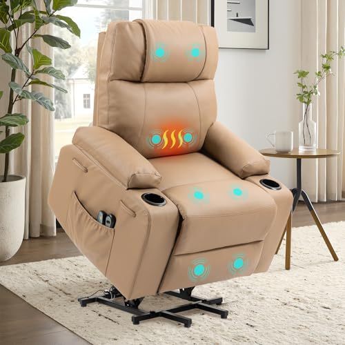 Image of Power Lift Recliner Chair for Elderly, Electric Stand Assist Reclining Chair with Massage and Heat Function, Leather Living Room Furniture, Comfy Single Sofa with Cup Holders, Side Pockets, Brown