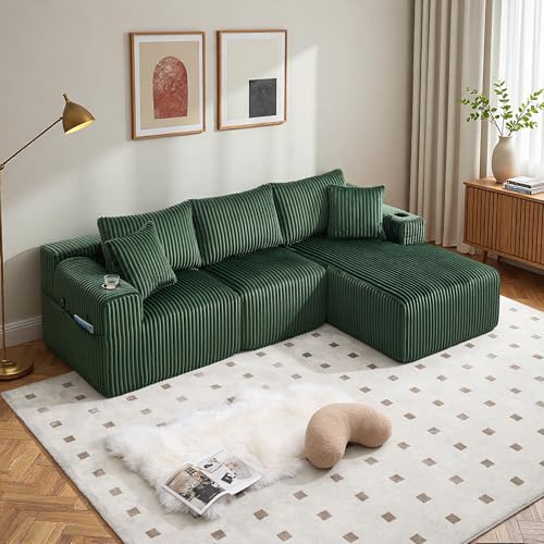 Wyibwy Sofá modular de 3 plazas con bolsillos laterales y portavasos, sofá esquinero en forma de L con chaise longue y 2 plazas, sofás modulares con 5 cojines, sofás de compresión, pana (Émeraude)