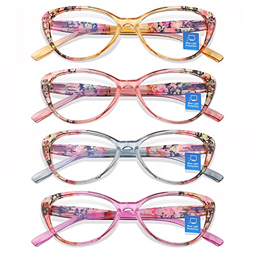 Reading Glasses Blue Light Blocking for Women 4 Pack Floral Pattern Cat Eye Stylish Readers with Soft Pouches Lightweight Eyeglasses Anti Eye Strain/Glare/UV 3.25